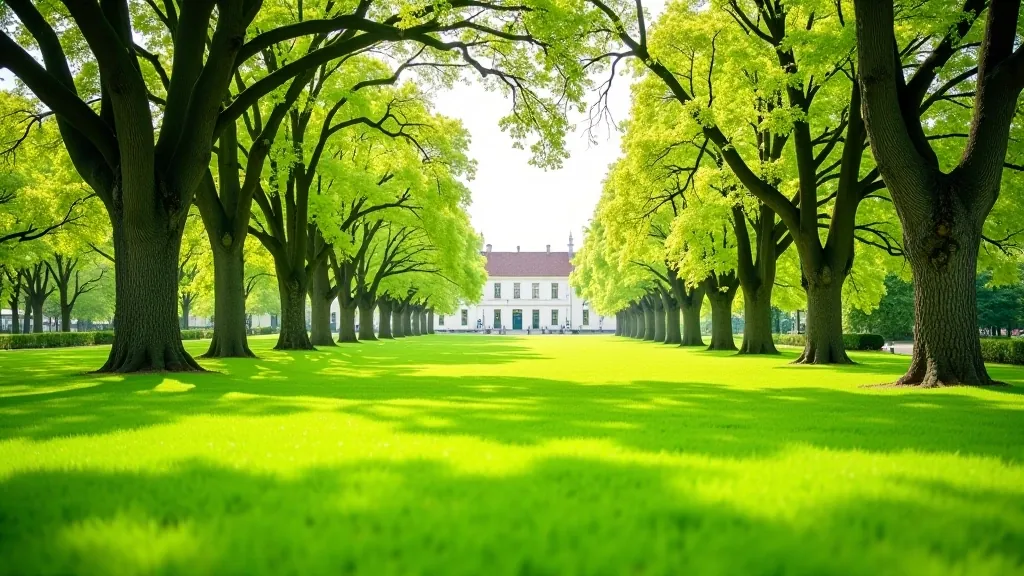 Rundāles pils parks ar skaistiem zaļiem lielajiem kokiem un aleju gar pili