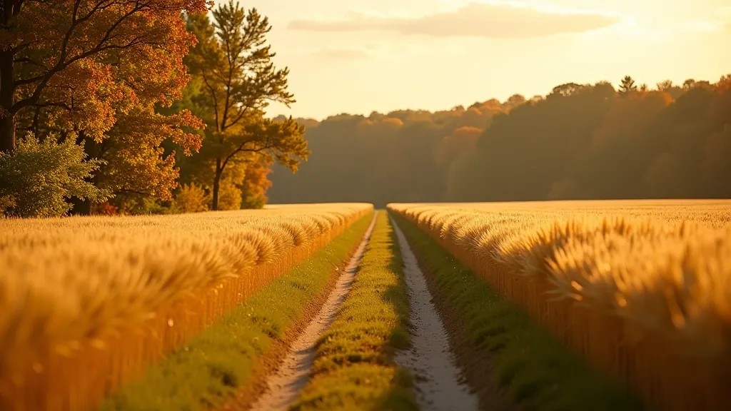 Lauku taka caur zaļiem laukiem un meža malu, skaista rudens saulē