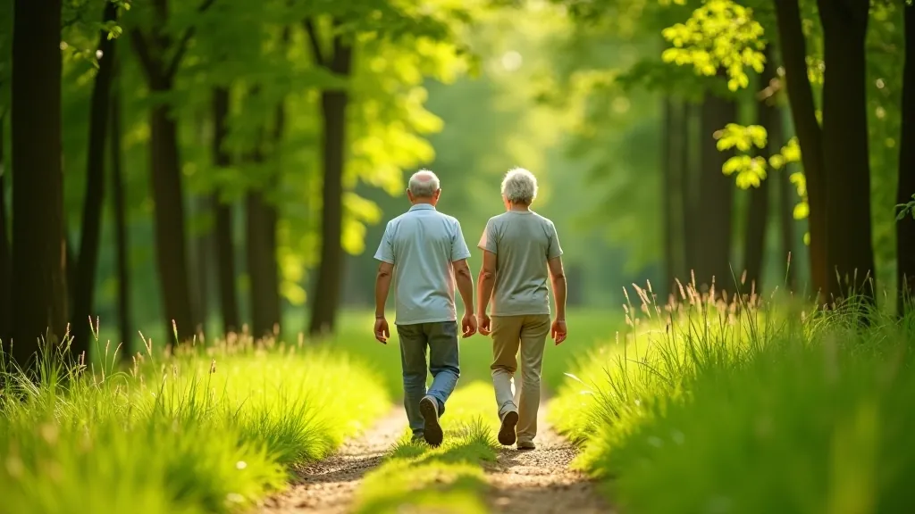 Senioru pāris staigā pa dabas maršrutu, paceļot rokas un smaidot