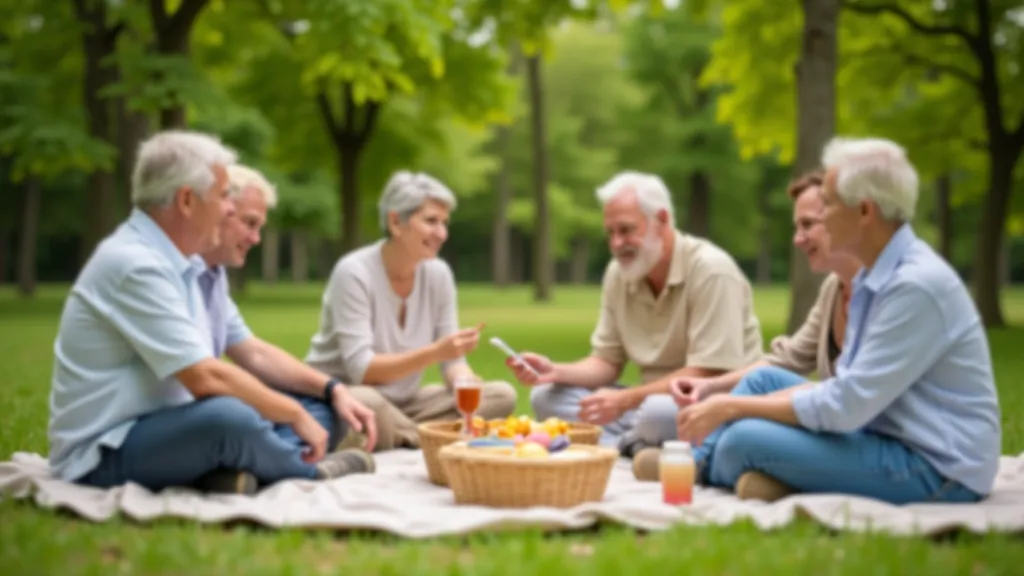 Senioru grupa sēž uz pūķiem un cits cits uz pārtiku ar smaidiem uz sejas skaidrā dienā