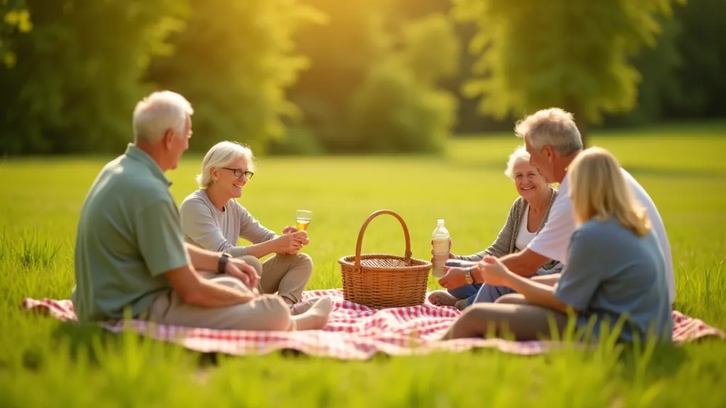 Senioru grupa sēž uz piknika, ņemot piknika ēst un dzerot