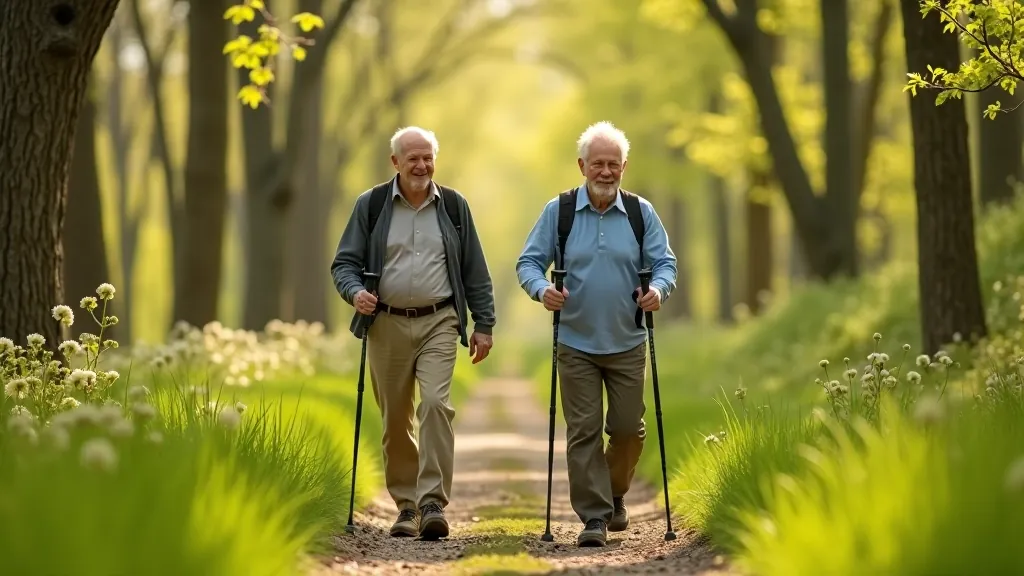 Divi seniori sēž ar nūjām, rādot pareizu nūju staigāšanas pozīciju